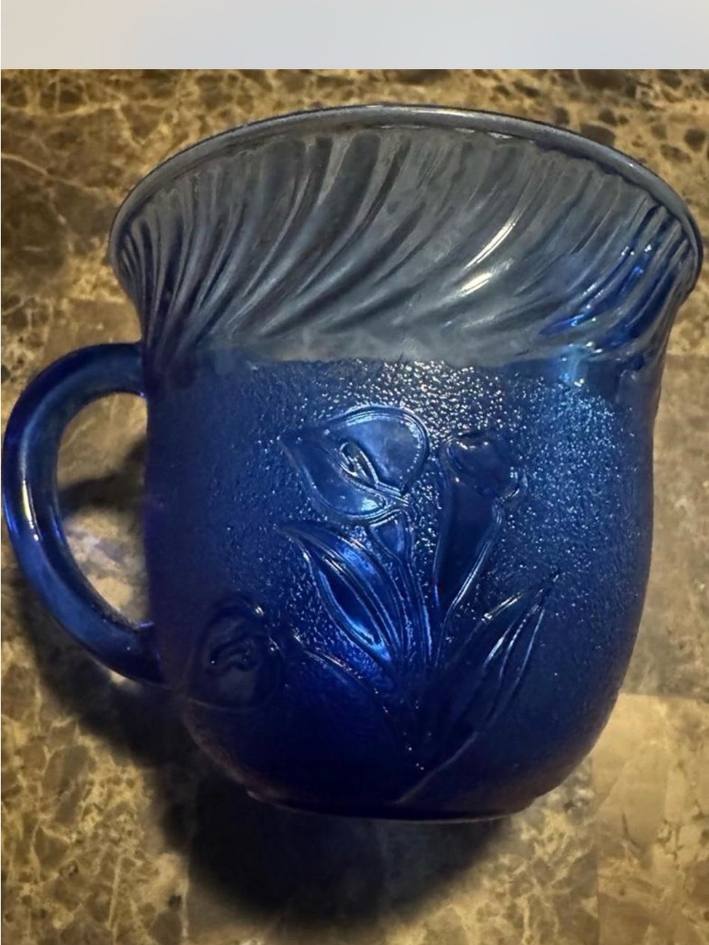 Othr Cobalt Blue Embossed Floral Glass Mug